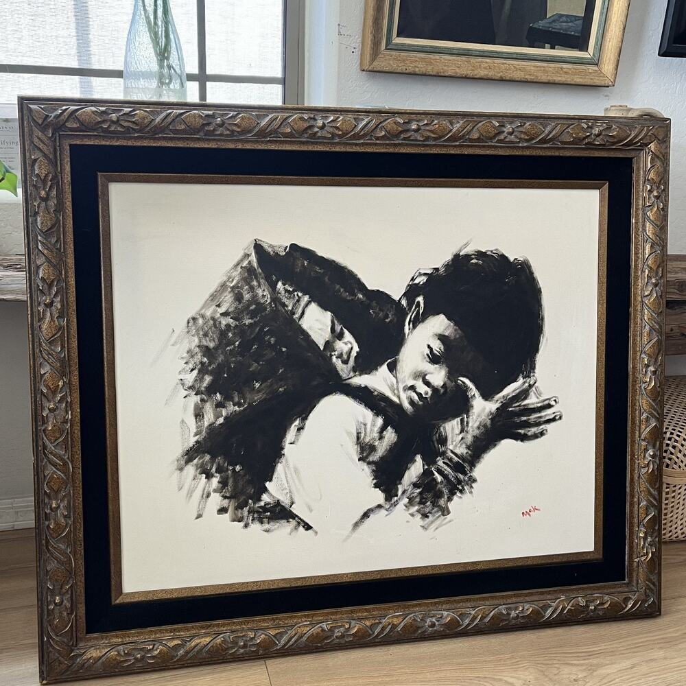 Vintage Framed Charcoal Painting of Chinese Children Brother Sister